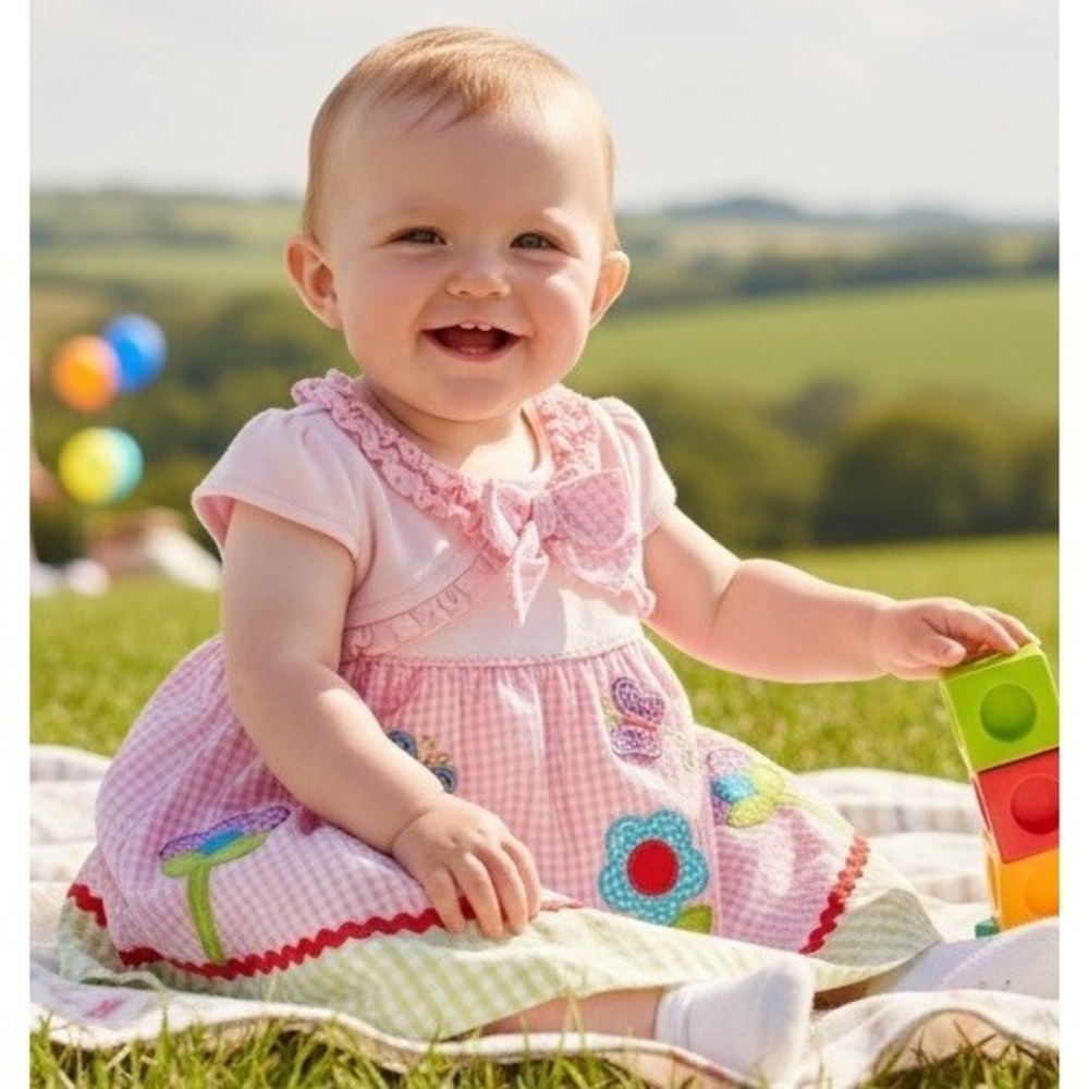 Youngland Baby Girls Pink White Searsucker Ruffle Flower Dress 3/6 Months